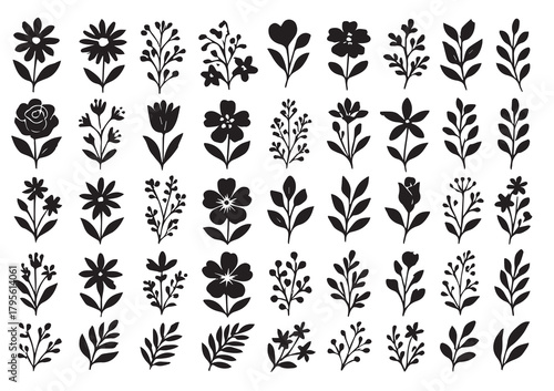 Mixed Style Black Floral Vector Set. Hand Drawn Doodle and Solid Silhouette Flower Icons. Botanical Graphic Bundle.