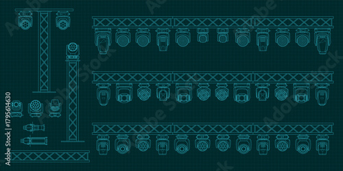 Technical blueprint illustration of multiple stage lighting fixtures mounted on truss structures. Detailed line-art set of moving heads, spotlights and rigging elements for professional stage design