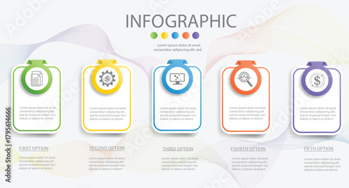 Infographic template with five steps, icons, and wavy background for business presentation