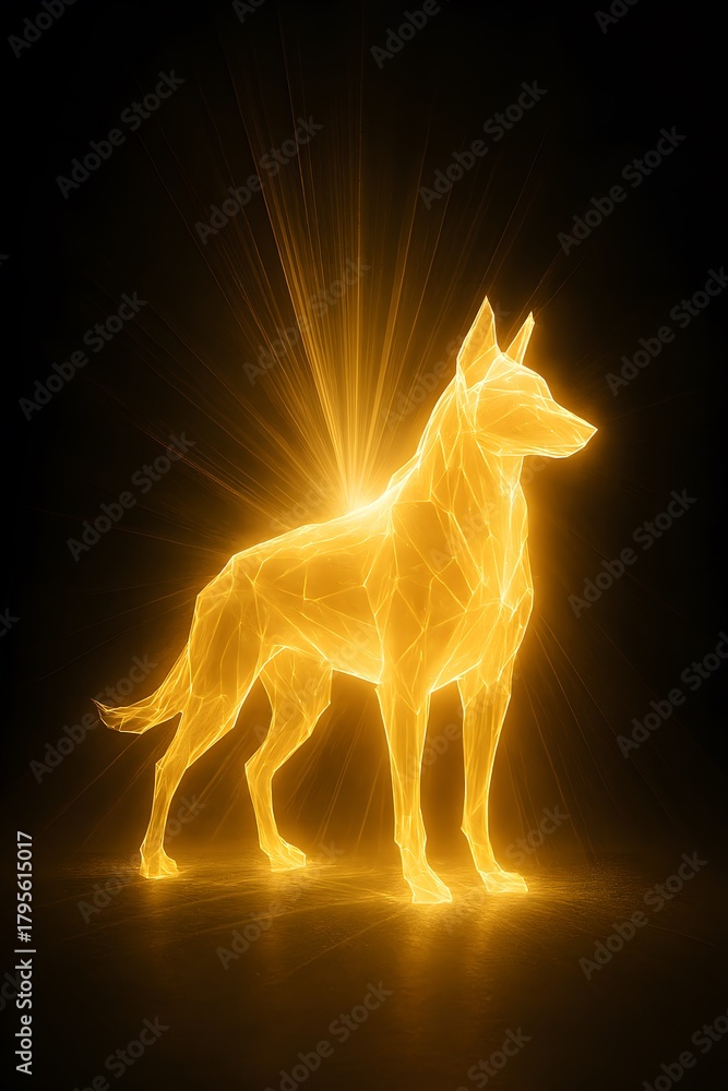 Fototapeta premium Glowing golden dog spirit silhouette on a dark background