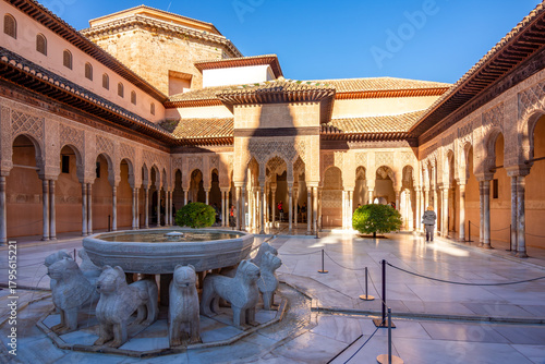 Court of Lions architecture in Nasrid palace of Alhambra, Granada, Spain