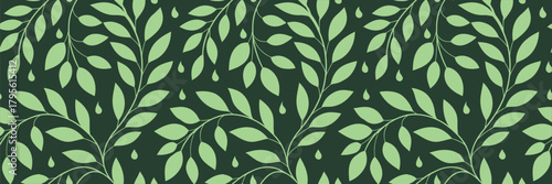 Seamless leafy pattern with light green botanical shapes on a dark background creates a bold natural design. Curved foliage adds rhythm, harmony, and decorative flow. Ideal for wallpapers, fabrics, pa