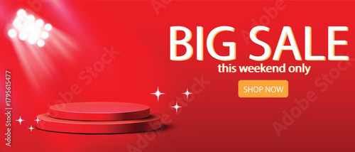 Big sale banner with red podium and spotlights, promoting a weekend sale event
