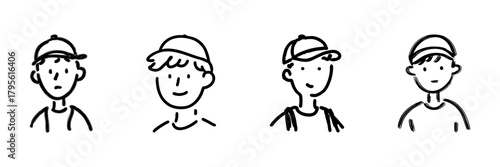 Four Boys Wearing Caps Line Icon Set In Doodle Style. Youthful Fashion, Casual Style, And Headwear Outline Sketch Collection. Hand Drawn Isolated Vector Illustration