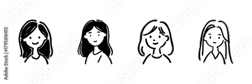 Four Female Faces Line Icon Set In Doodle Style. Diverse Expressions And Hairstyles Outline Sketch Collection. Character Design And Illustration. Hand Drawn Isolated Vector Illustration