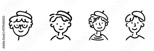 Four Artists With Berets Line Icon Set In Doodle Style. Creative Expression And Artistry Representation Outline Sketch Collection. Hand Drawn Isolated Vector Illustration