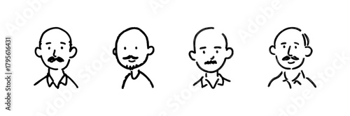 Bald Men With Mustaches Line Icon Set In Doodle Style. Facial Hair And Baldness Representation Outline Sketch Collection. Character Diversity And Style. Hand Drawn Isolated Vector Illustration