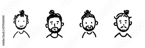 Male Faces With Man Bun Hairstyles Line Icon Set In Doodle Style. Trendy Haircuts And Facial Hair Styles Outline Sketch Collection. Hipster Fashion. Hand Drawn Isolated Vector Illustration