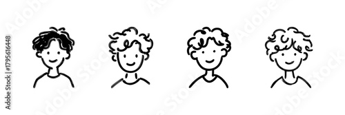 Four Smiling Faces Line Icon Set In Doodle Style. Diverse Hairstyles And Expressions Outline Sketch Collection. Character Design And Illustration. Hand Drawn Isolated Vector Illustration