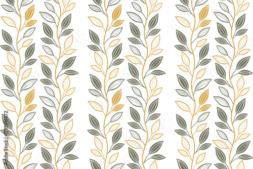 Elegant multicolor leaf seamless pattern with vertical botanical vines creates a fresh decorative look. Soft green and gold tones add natural charm and visual balance. Perfect for wallpapers, textiles
