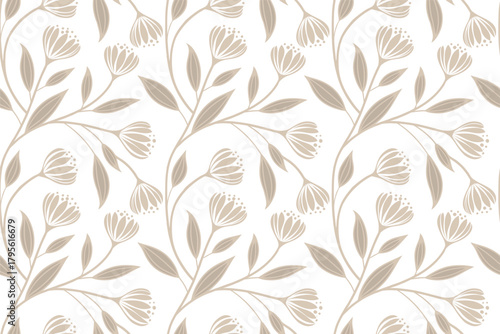 Soft beige floral seamless pattern with delicate blooming stems creates a gentle botanical look. The repeating design adds elegance and natural harmony to any surface. Ideal for wallpapers, fabrics, s
