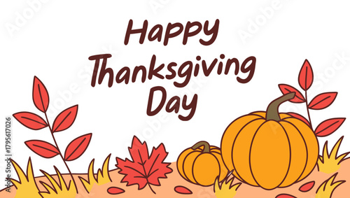 Cozy autumn scene featuring pumpkins, golden leaves, and berries around stylish Happy Thanksgiving Day