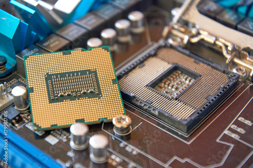 Motherboard processor shot from above, close-up of processor