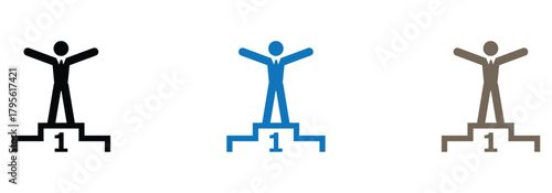 Celebrate success with confident figures standing on winner podiums representing achievement, victory, and leadership in sports or business contexts