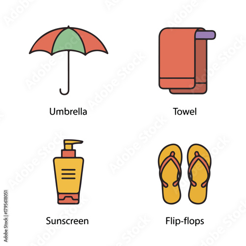 Umbrella, towel, sunscreen and flip flops isolated on in flat design