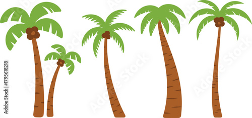 Cartoon palm tree illustration set, tropical beach vector, coconut tree design, green frond sketch, summer nature icon pack