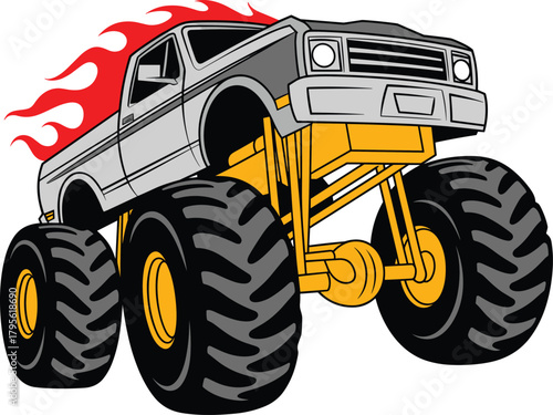 Monster truck illustration, flame trail vector, lifted suspension design, oversized tire graphic, aggressive vehicle artwork, off-road automotive icon