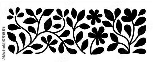Botanical silhouette pattern with abstract flowers and leaves. Vector illustration for folk art, paper cut design, textile, packaging, or eco branding.