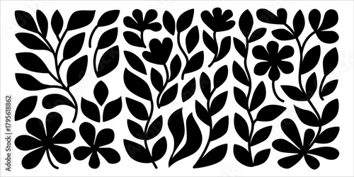 Floral vector illustration with hand-drawn black silhouettes of flowers and leaves. Ideal for folk art, nature-themed decor, craft projects, or textile design.