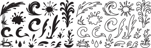  Set of black water splash vectors featuring fresh droplets and fluid shapes. Clean, isolated splash elements drawn in a bold silhouette style on a white background. Ideal for highlighting liquid effe