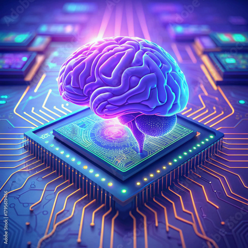 Futuristic 3D visual of an AI microchip or CPU on a circuit board, symbolizing data processing, machine learning, and technological innovation in a bright, ethereal environment