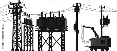Electrical infrastructure silhouette vector illustration, high voltage transmission tower, transformers and sw