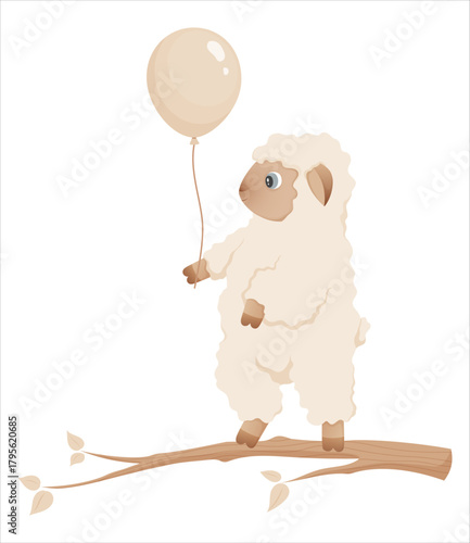 Little lamb with a balloon on a tree branch. Illustration in neutral tones. Funny cartoon lamb for childrens design, baby shower decoration, nursery prints, and cards.