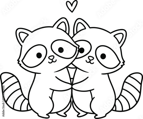 Cute raccoons hugging with heart above them