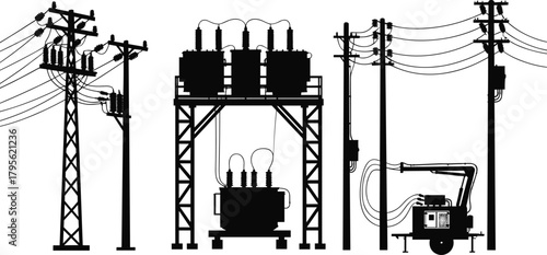 Electrical power distribution silhouette vector illustration, utility poles with insulators, large transformer uni