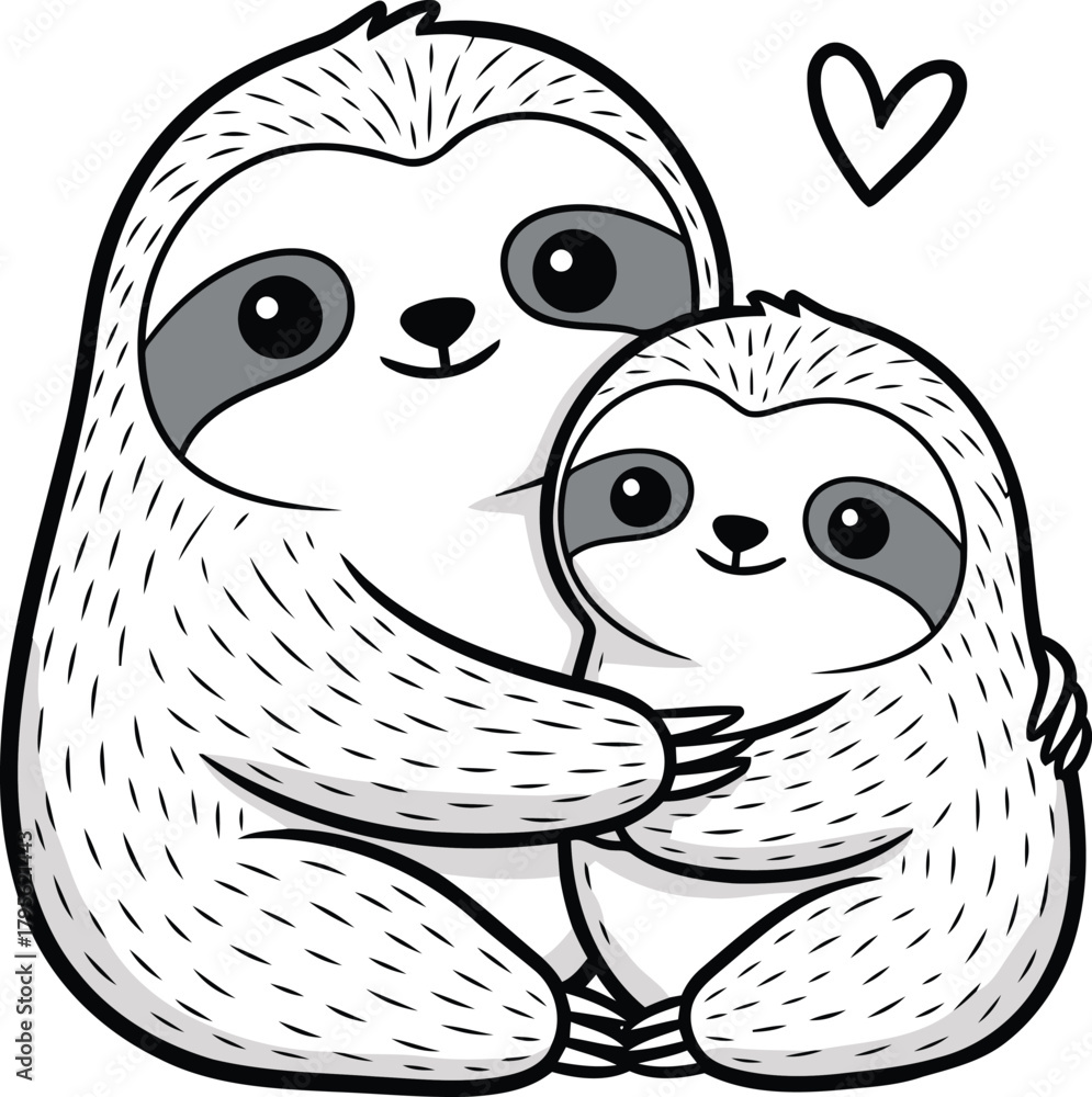 Naklejka premium Adorable mother and baby sloth hugging with a heart symbol
