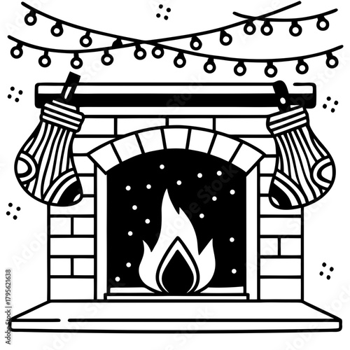 Cozy christmas fireplace with stockings and garland lights