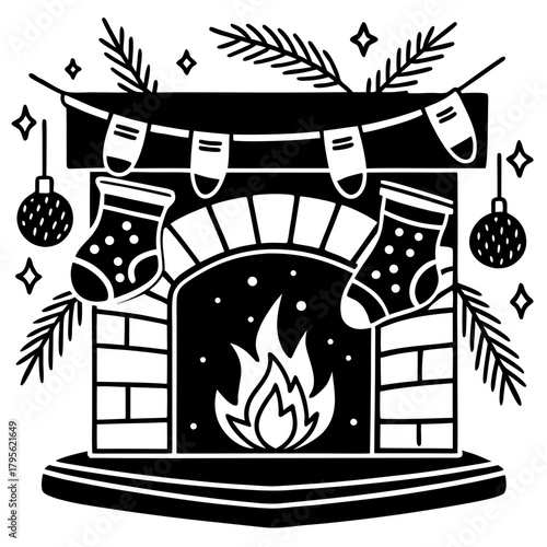 Cozy christmas fireplace with stockings and ornaments