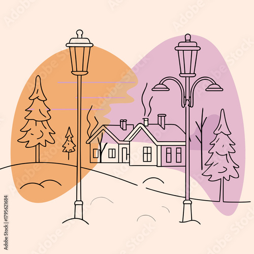 Cozy winter village scene with streetlights and houses