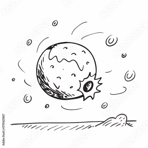 Hand drawn cartoon moon with asteroid impact and craters in space