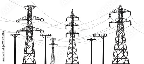 Electrical transmission towers silhouette, utility poles vector illustration, high voltage power lines infrastructure, energy distribution network, industrial electricity grid design art