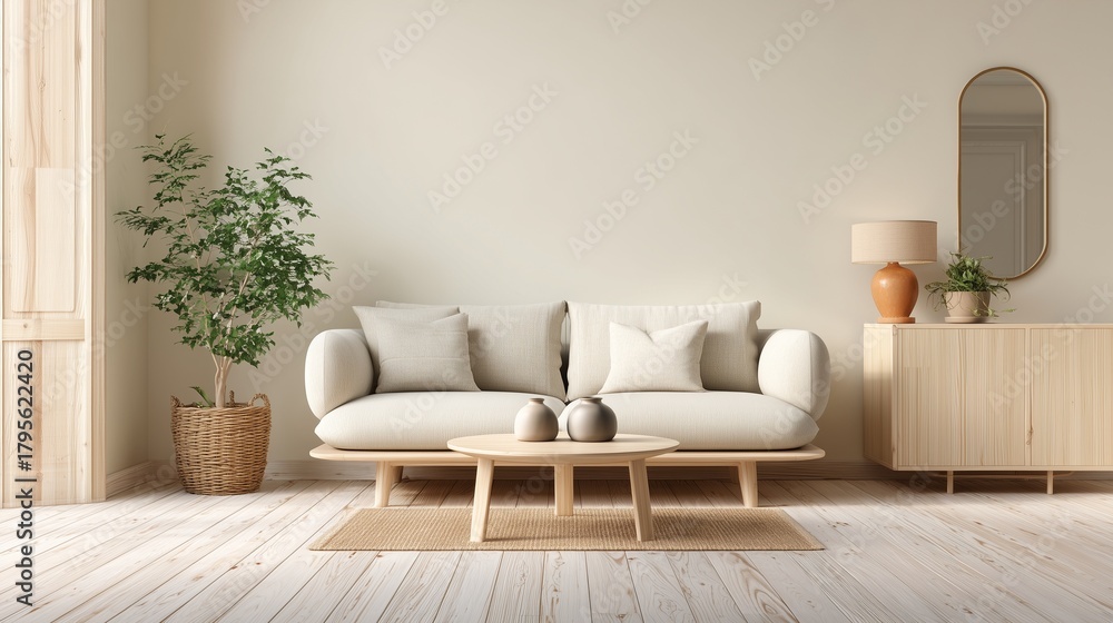 Fototapeta premium A serene and elegantly minimalist living room interior, showcasing a harmonious blend of natural textures and a neutral color palette. 