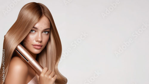 Blonde Frau mit glattem Haar hält Glätteisen vor weißem Hintergrund