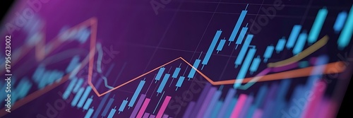 Financial graph with up trend line candlestick chart in stock market on neon color Widescreen background..