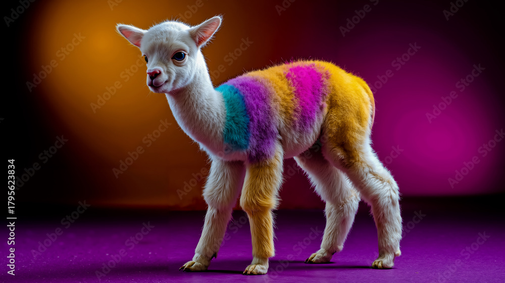 Obraz premium A colorful multicolored llama standing on a purple background