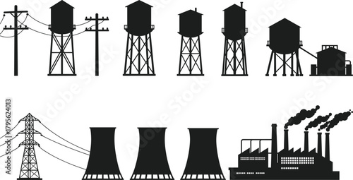 High voltage transmission towers with electricity pylons, crossarms, insulators, overhead pow