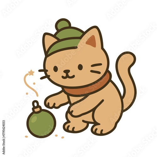 Cute Winter Cat Playing With Christmas Ornament Cartoon Vector