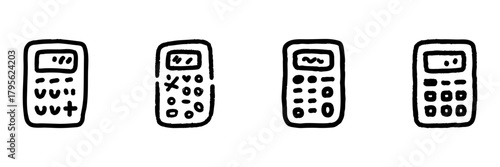 Calculator Line Icon Set In Doodle Style. Mathematical Operations And Financial Calculations Outline Sketch Collection. Hand Drawn Isolated Vector Illustration