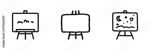 Easel With Canvas Line Icon Set In Doodle Style. Art Creation, Painting, And Creative Expression Outline Sketch Collection. Artistic Tools And Inspiration. Hand Drawn Isolated Vector Illustration