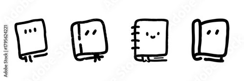 Cute Book Characters Line Icon Set In Doodle Style. Educational Tools And Reading Companions Outline Sketch. Adorable Stationery And Learning Symbols. Hand Drawn Isolated Vector Illustration