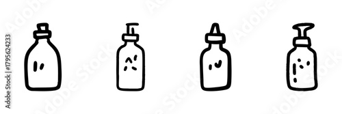 Bottles With Various Dispensers Line Icon Set In Doodle Style. Personal Care, Hygiene, And Cosmetic Containers Outline Sketch Collection. Hand Drawn Isolated Vector Illustration