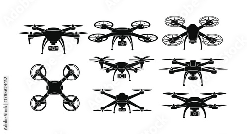 Various silhouetted drones displayed in different orientations and configurations