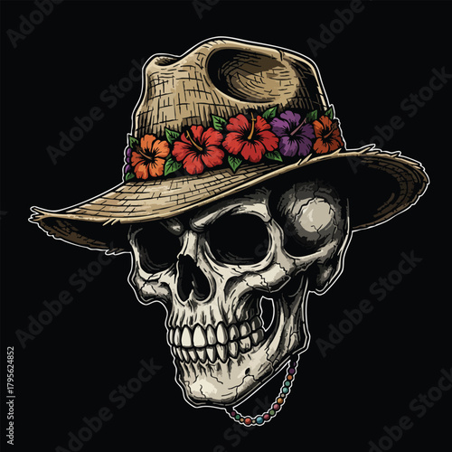 Skull wearing a straw hat with flowers and beads
