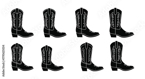 A collection of black and white cowboy boots in a repeating pattern