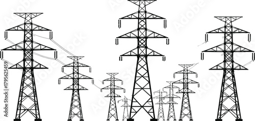 High voltage transmission towers with electricity pylons, insulators, overhead power lines, energy