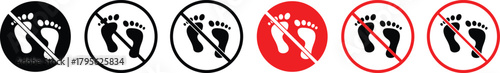Set of no shoes icon collection featuring forbidden footwear signs, red prohibition marks, and restricted area symbols.